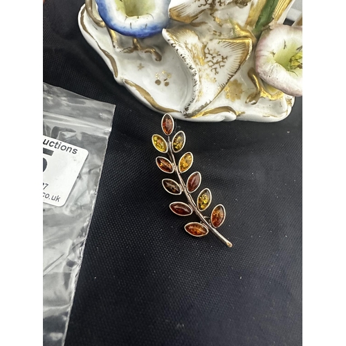 55 - Silver/Amber Brooch and a Silver/Jet Pendant with Silver Chain