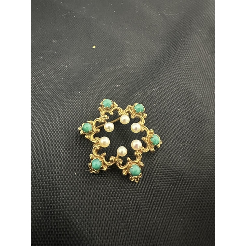 66 - 9ct Gold Pearl/Turquoise Brooch (5.35g)