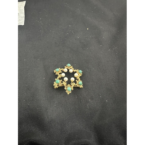 66 - 9ct Gold Pearl/Turquoise Brooch (5.35g)