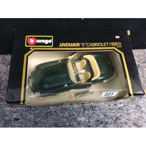 221 - Mint and Boxed Burago Diecast Car Jaguar E Cabriolet 1961