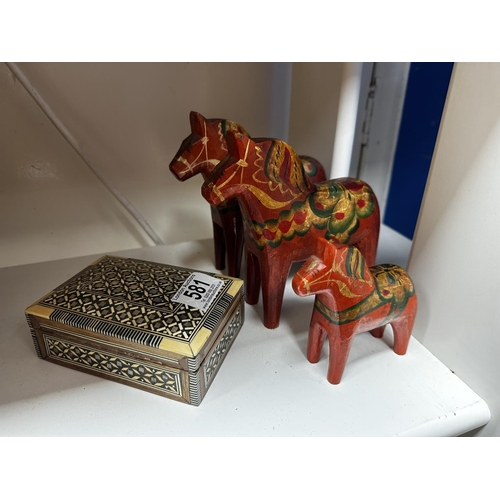 581 - Inlaid Wooden Box & Graduated Swedish Dala Horses