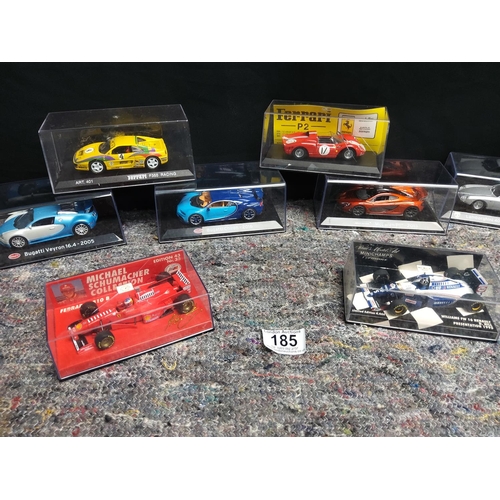 185 - Lot of 10 Diecast Super Cars & Formula One Cars-all in display Cases