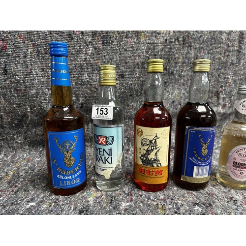 653 - A Mixed Liquor Collection of 7 bottles in total. 
St Hubertus Likor x 2
Yeni Raki
Budapesti Rum
Fent... 