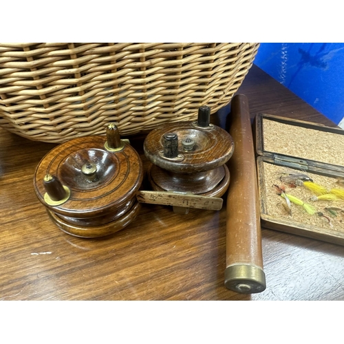 608 - Vintage Fishing Basket cont. Fly's Reels etc