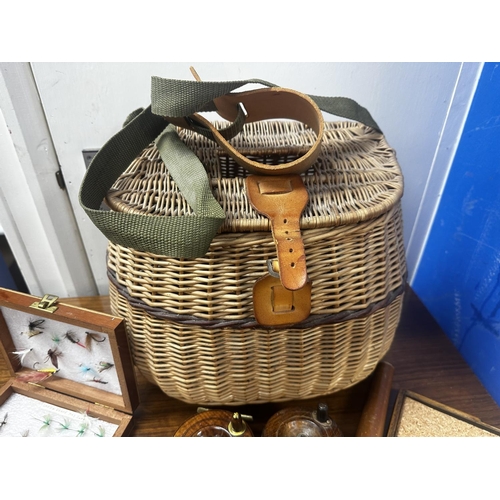 608 - Vintage Fishing Basket cont. Fly's Reels etc