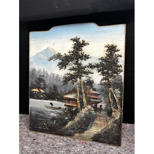 630 - Unframed Japanese Painting on Board in Relief