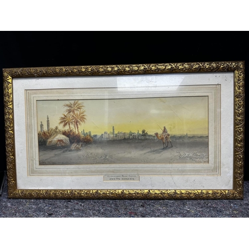 633 - Victorian Watercolor Painting titled Encamped Near Cairo-Anton Rogers (Framed 76cm x 43cm)