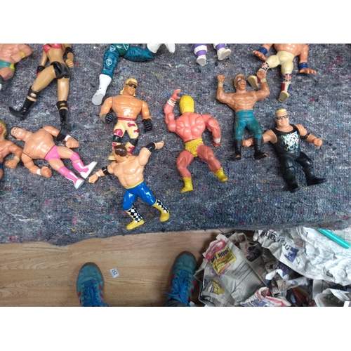 412 - Large Lot of Retro Wrestling Figures  Rings etc