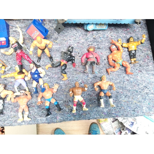 412 - Large Lot of Retro Wrestling Figures  Rings etc