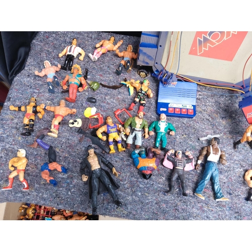 412 - Large Lot of Retro Wrestling Figures  Rings etc