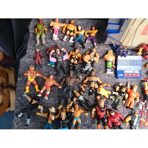 412 - Large Lot of Retro Wrestling Figures  Rings etc