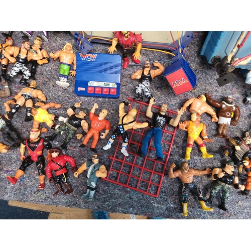 412 - Large Lot of Retro Wrestling Figures  Rings etc