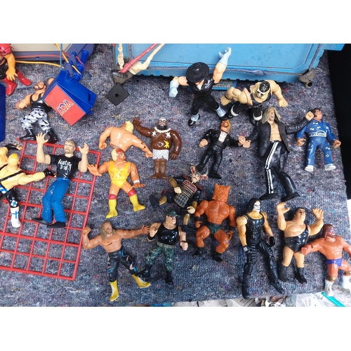 412 - Large Lot of Retro Wrestling Figures  Rings etc