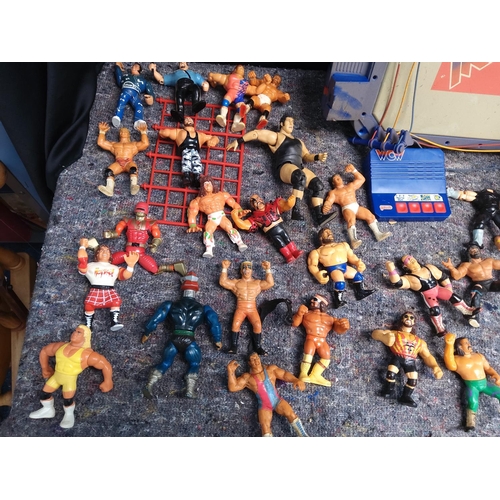 412 - Large Lot of Retro Wrestling Figures  Rings etc