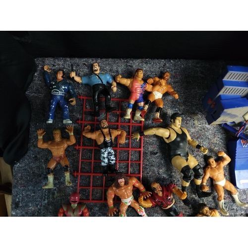 412 - Large Lot of Retro Wrestling Figures  Rings etc