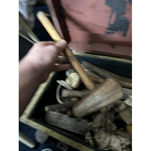 407D - Old Wooden Military Style Trunk containing a Quantity of Vintage Lead Bending Tools etc