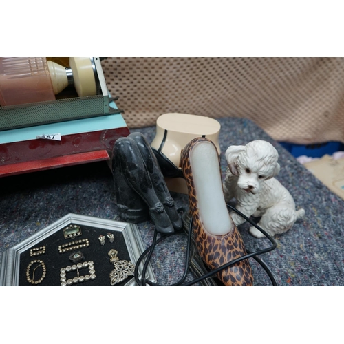 657 - Interesting Mixed Lot to Include Lamp, Vintage Moneyboxes, Lightcraft of California 1960s Light Fitt... 