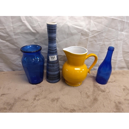 191 - Rye Pottery Vase, Emile Henry Water Pitcher & Two Pieces Cobalt Blue Glass