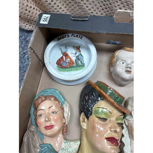 705 - Lot of Deco Wall Masks and a Terracotta Dolls Head