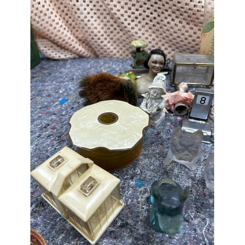 726 - Good Lot of Mostly Art Deco Smalls incl. Mirror, Wax Set, Dolls Heads, Egg Cups, Lead Female Dancer ... 