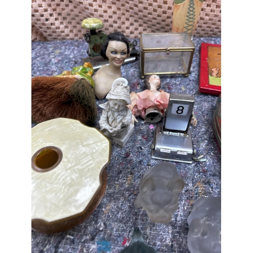 726 - Good Lot of Mostly Art Deco Smalls incl. Mirror, Wax Set, Dolls Heads, Egg Cups, Lead Female Dancer ... 