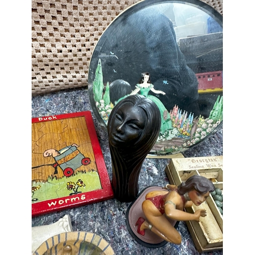 726 - Good Lot of Mostly Art Deco Smalls incl. Mirror, Wax Set, Dolls Heads, Egg Cups, Lead Female Dancer ... 