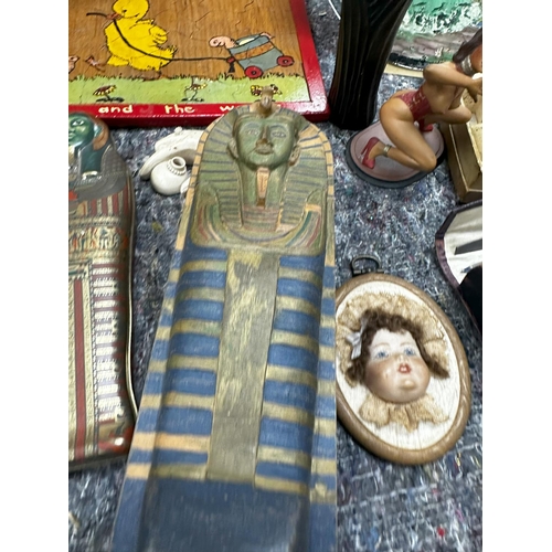 726 - Good Lot of Mostly Art Deco Smalls incl. Mirror, Wax Set, Dolls Heads, Egg Cups, Lead Female Dancer ... 