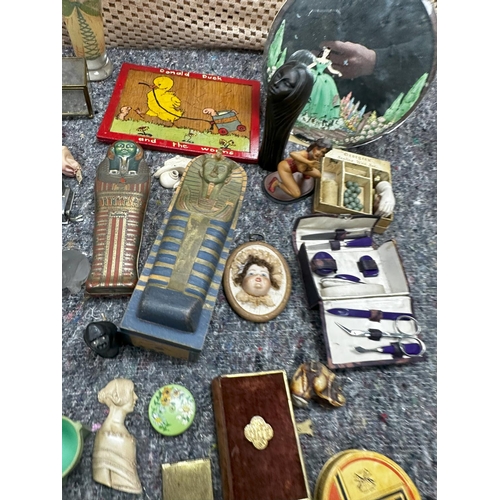 726 - Good Lot of Mostly Art Deco Smalls incl. Mirror, Wax Set, Dolls Heads, Egg Cups, Lead Female Dancer ... 