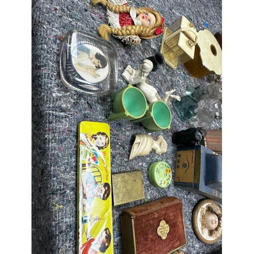 726 - Good Lot of Mostly Art Deco Smalls incl. Mirror, Wax Set, Dolls Heads, Egg Cups, Lead Female Dancer ... 