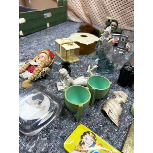 726 - Good Lot of Mostly Art Deco Smalls incl. Mirror, Wax Set, Dolls Heads, Egg Cups, Lead Female Dancer ... 