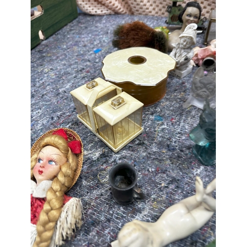 726 - Good Lot of Mostly Art Deco Smalls incl. Mirror, Wax Set, Dolls Heads, Egg Cups, Lead Female Dancer ... 