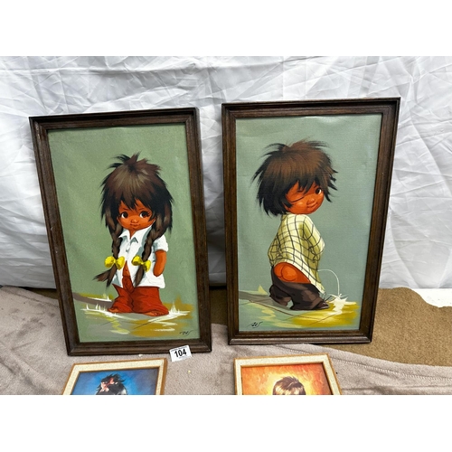 104 - Pair of Vintage Kitsche Oil Paintings in the Style of Michel Thomas plus a pair of Dallas Simpson Pr... 