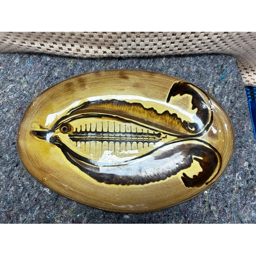 858 - Vintage Studio Pottery Fish Platter 41cm with two character marking