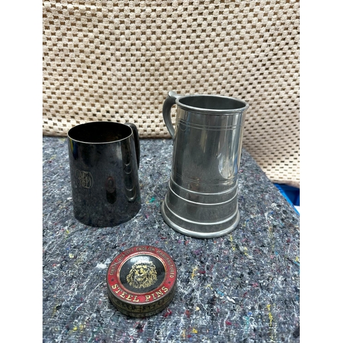 859 - Musical Pewter Tankard, Another Tankard and an Old Pin Tin