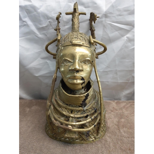Pair of Benin Bronze King Oba & Queen Iyoba Busts 39cm