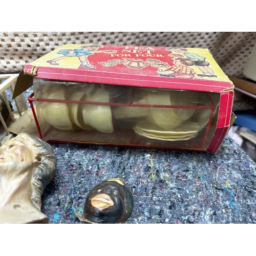 688 - Interesting Lot of Dolls House Bits etc incl. Boxed Tea for Four, Cleaning Set, Dolls, Ceramic Heads... 