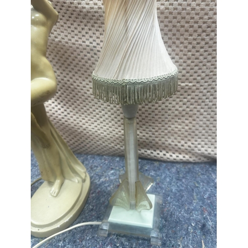 694 - Art Deco Figural Lamp of a Nude Lady Holding a Globe Shade & Another Plastic Lamp