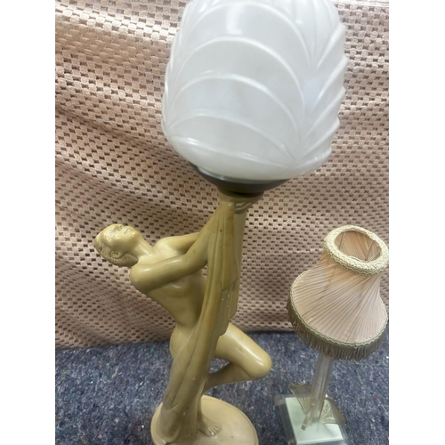 694 - Art Deco Figural Lamp of a Nude Lady Holding a Globe Shade & Another Plastic Lamp