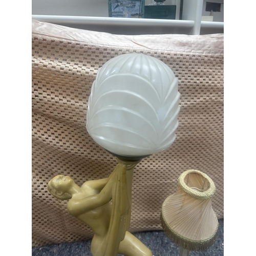 694 - Art Deco Figural Lamp of a Nude Lady Holding a Globe Shade & Another Plastic Lamp