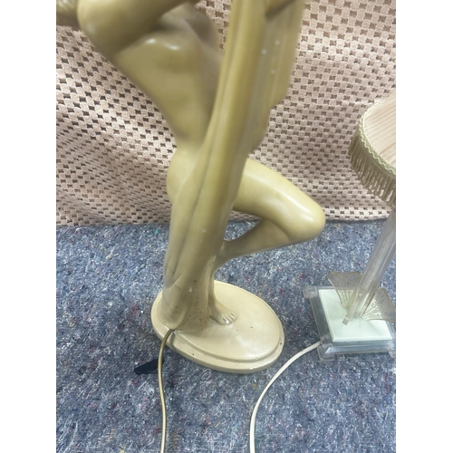 694 - Art Deco Figural Lamp of a Nude Lady Holding a Globe Shade & Another Plastic Lamp