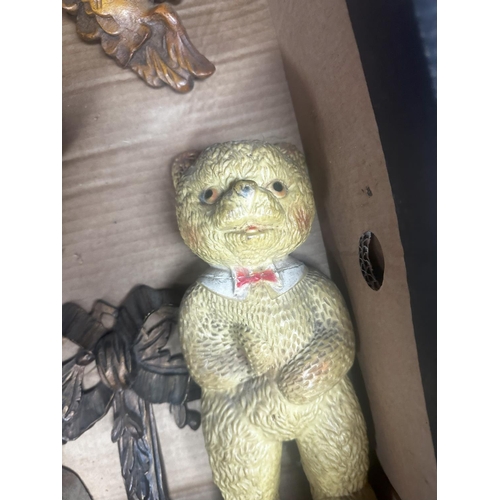 697 - A mixed lot to include 1930's Tobacco Jar, Pair of Cherub Wall Plaques, Teddy Bear, Wooden Carving o... 