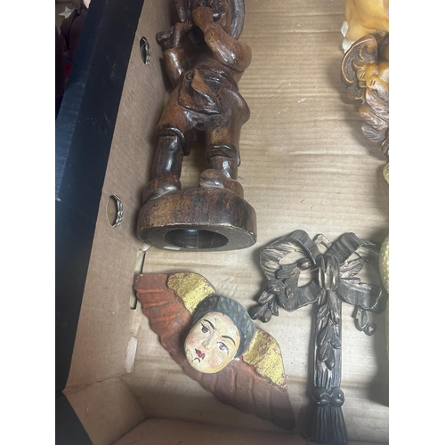 697 - A mixed lot to include 1930's Tobacco Jar, Pair of Cherub Wall Plaques, Teddy Bear, Wooden Carving o... 