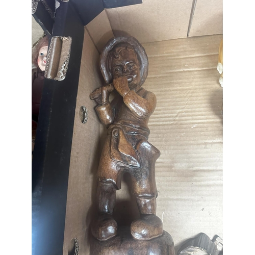 697 - A mixed lot to include 1930's Tobacco Jar, Pair of Cherub Wall Plaques, Teddy Bear, Wooden Carving o... 