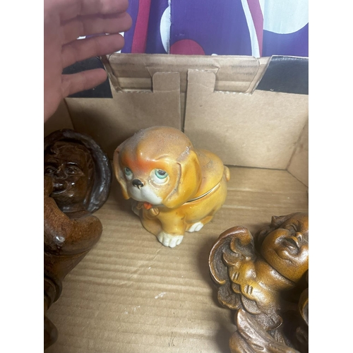 697 - A mixed lot to include 1930's Tobacco Jar, Pair of Cherub Wall Plaques, Teddy Bear, Wooden Carving o... 