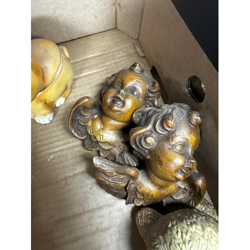 697 - A mixed lot to include 1930's Tobacco Jar, Pair of Cherub Wall Plaques, Teddy Bear, Wooden Carving o... 