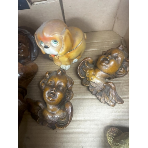 697 - A mixed lot to include 1930's Tobacco Jar, Pair of Cherub Wall Plaques, Teddy Bear, Wooden Carving o... 