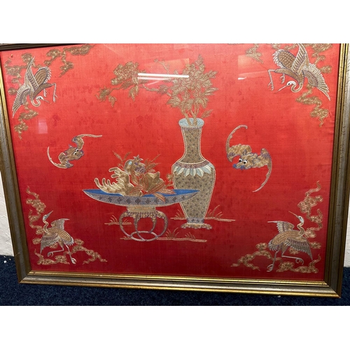 828 - Antique Framed Chinese Embroidered Silk Wall Panel 40cm x 86cm