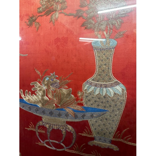 828 - Antique Framed Chinese Embroidered Silk Wall Panel 40cm x 86cm