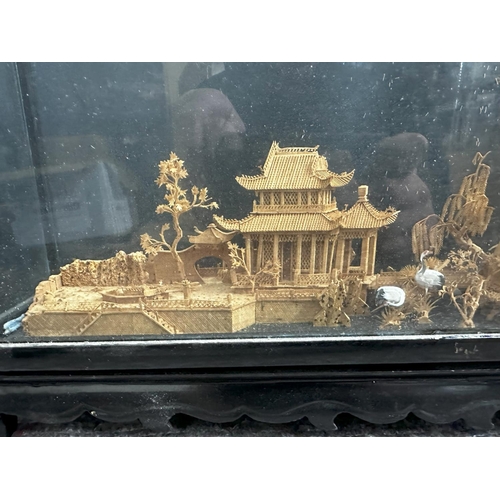 883 - Old Chinese Cork Carving in a Glazed Case