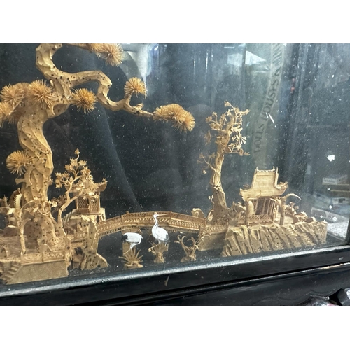 883 - Old Chinese Cork Carving in a Glazed Case